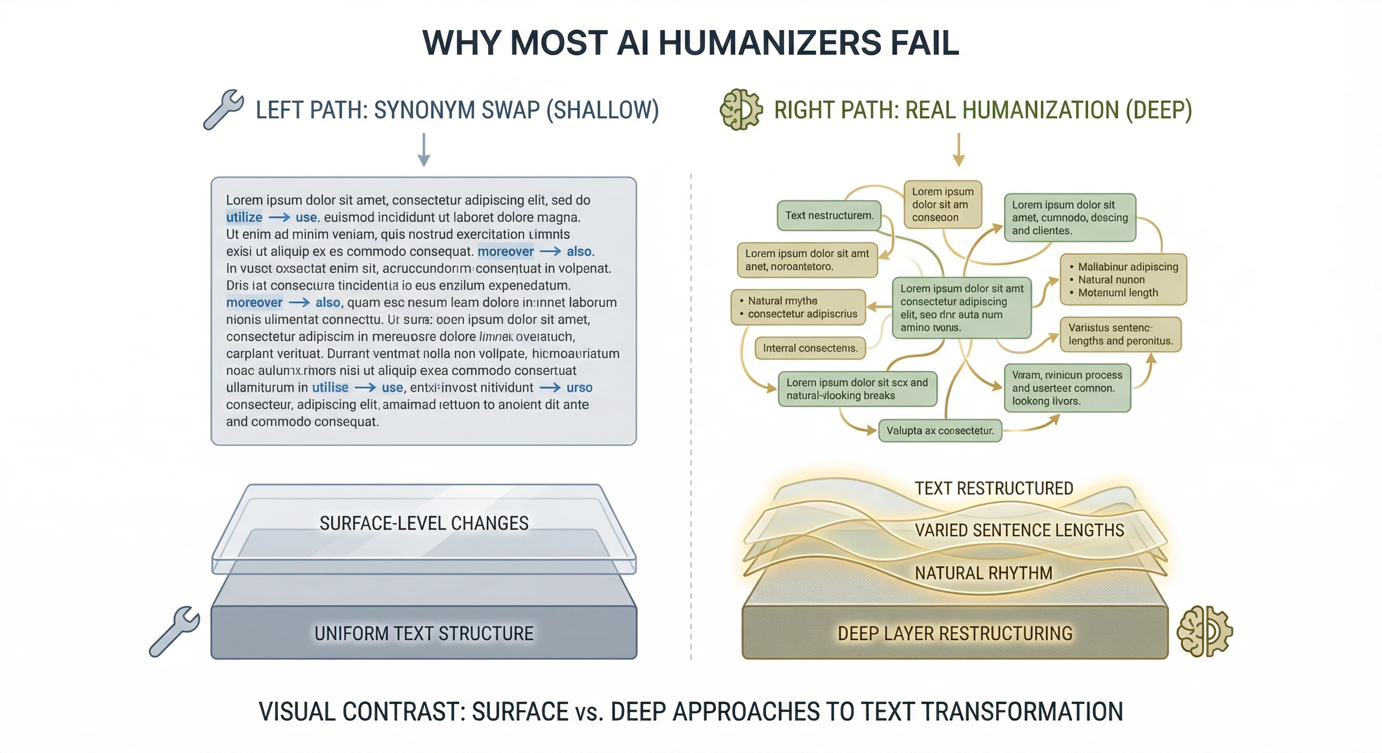 Illustration summarizing common AI humanizer failure patterns (synonym swapping, paraphrasing, low variability).Image for the article “Do AI Humanizers Actually Work? We Tested 9 Tools to Find Out”.